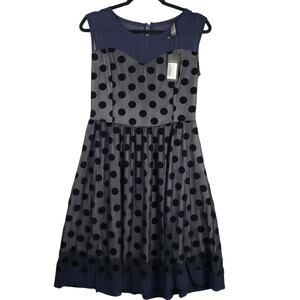 Oxiuli Size L Sweetheart Illusion Midi Dress Blue Black Polka Dot Rockabilly New